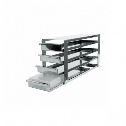 Rack con bandejas extraibles de acero inoxidable para 2 x 3 cajas de altura 125 mm
