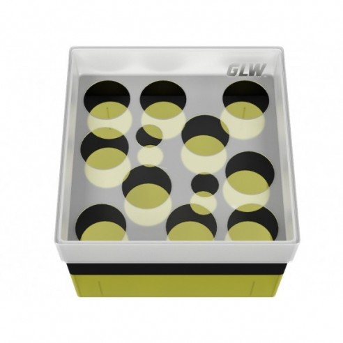 GLW-Box PP yellow/black, 130 x 130 x 95 mm, for 10 + 2 tubes