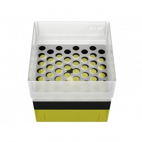 GLW-Box PP yellow/black, 130 x 130 x 125 mm, for 52 tubes 13 mm
