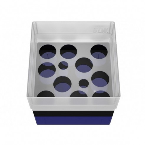 GLW-Box PP blue/black, 130 x 130 x 125 mm, for 10 + 2 tubes