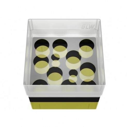 GLW-Box PP yellow/black, 130 x 130 x 125 mm, for 10 + 2 tubes