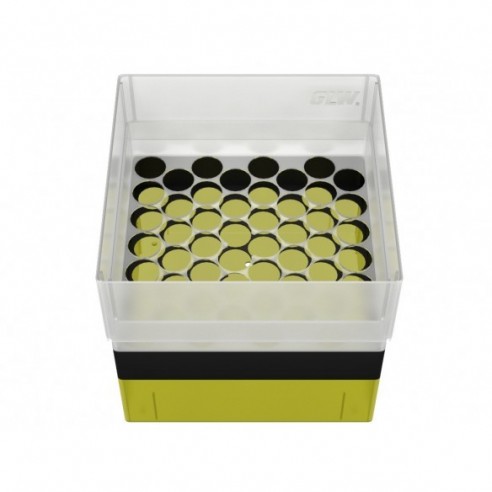 GLW-Box PP yellow/black, 130 x 130 x 125 mm, for 52 tubes 16 mm