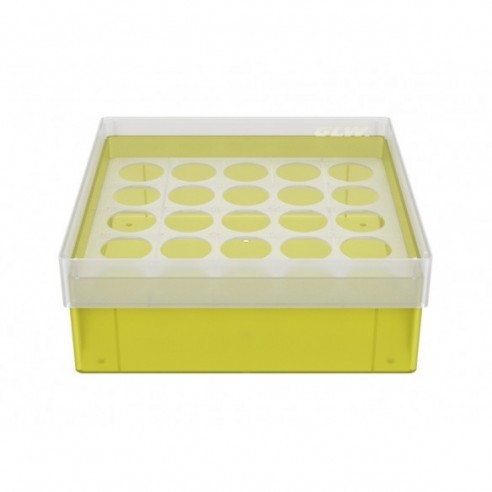 CRYO BOX WITH 5X5 COMPARTMENTS FOR WIDE-NECK BOTTLES UP TO 21.6 MM DIAMETER, YELLOW
