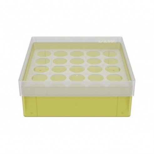 Cryo Box with 5X5 compartments for HPLC vials up to 22.3mm diameter, 130x130x52mm, yellow