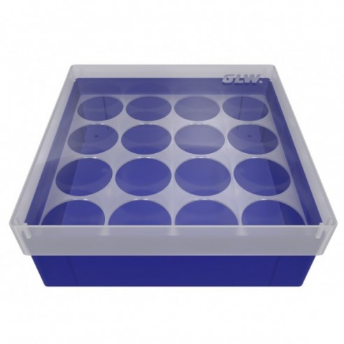 Cryo Box with 4X4 compartments for vials up to 25mm diameter, 130x130x52mm, blue