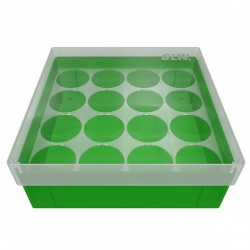 Cryo Box with 4X4 compartments for vials up to 25mm diameter, 130x130x52mm, green