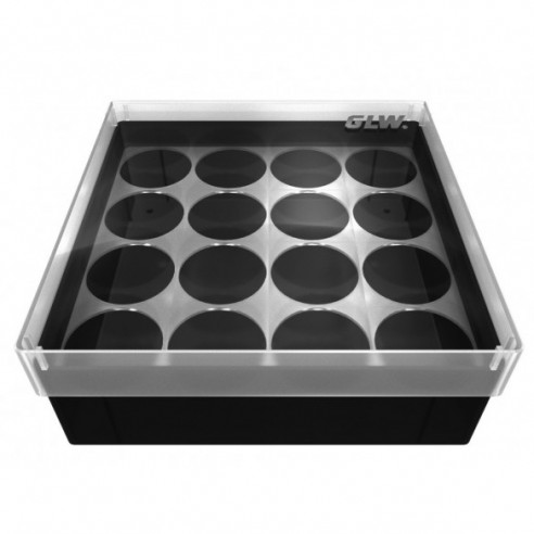 Cryo Box with 4X4 compartments for vials up to 25mm diameter, 130x130x52mm, black