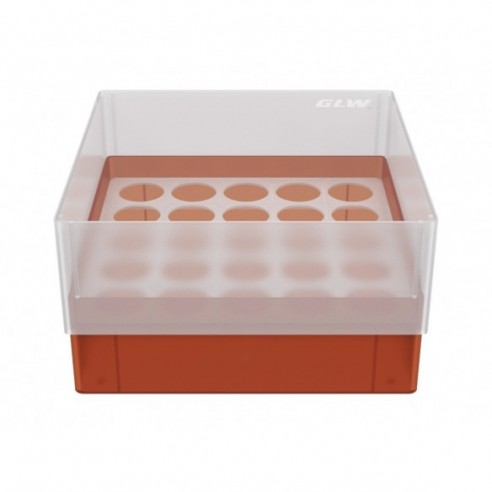CRYO BOX WITH 5X5 COMPARTMENTS FOR WIDE-NECK BOTTLES UP TO 21.6 MM DIAMETER, RED