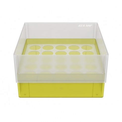 CRYO BOX WITH 5X5 COMPARTMENTS FOR WIDE-NECK BOTTLES UP TO 21.6 MM DIAMETER, YELLOW