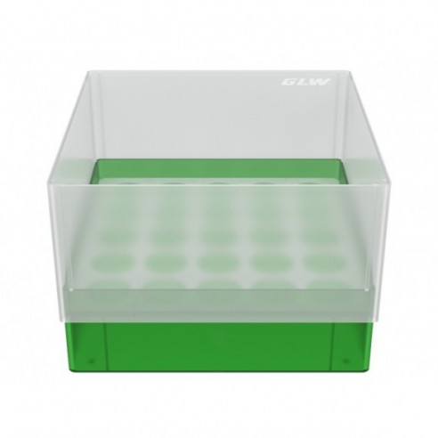 CRYO BOX WITH 5X5 COMPARTMENTS FOR WIDE-NECK BOTTLES UP TO 21.6 MM DIAMETER, GREEN