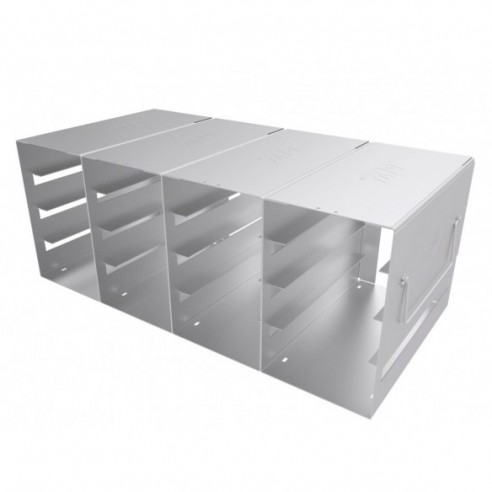 Stainless steel rack, 4x4 pl. for 31 mm slideboxes, 368 x 186 x 165 mm