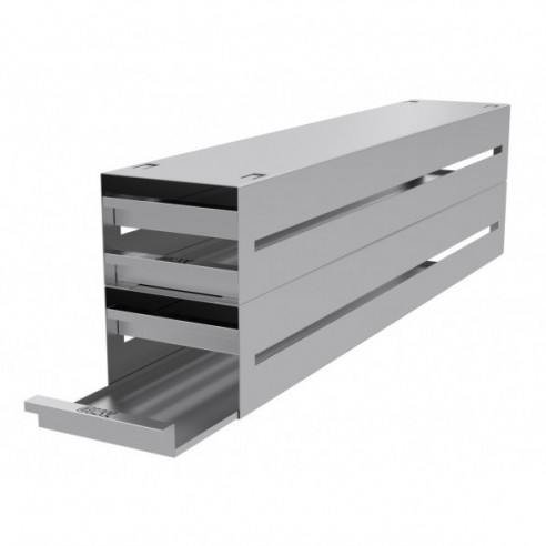 Stainless steel drawer rack, 4x4 pl., 688 x 232 x 142 mm, for boxes up to 133x133x54mm