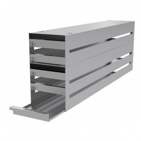 Stainless steel drawer rack, 5x4 pl., 688 x 288 x 142 mm, for boxes up to 133x133x54mm
