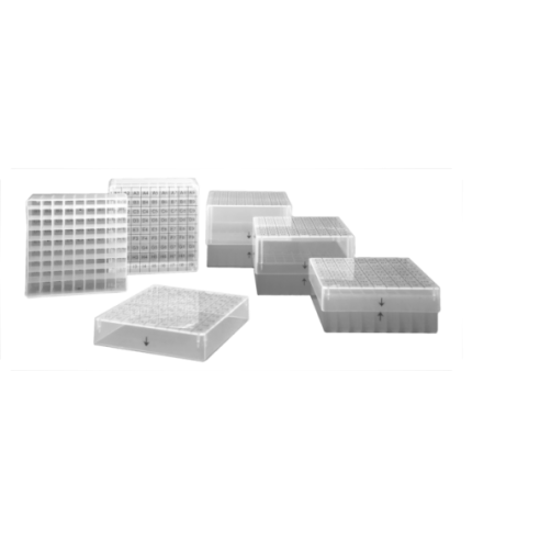 Plastic cryobox, 130 x 130 x 32 mm, grid 10 x 10 for 0,5mL cryovials, case with 36 pcs.